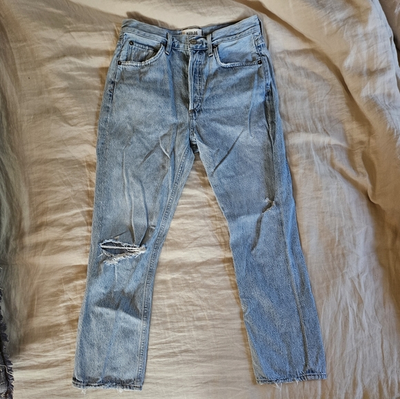 Agolde Riley Blue Distressed Jeans - Picture 1 of 8